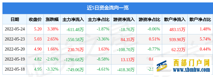 青海华鼎5月24日主力资金净卖出611.48万元(图1)